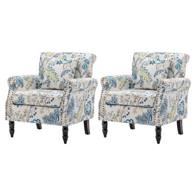 Vintage Floral Upholstered Armchair With Rolled Arms And Wooden Legs(Set Of 2)