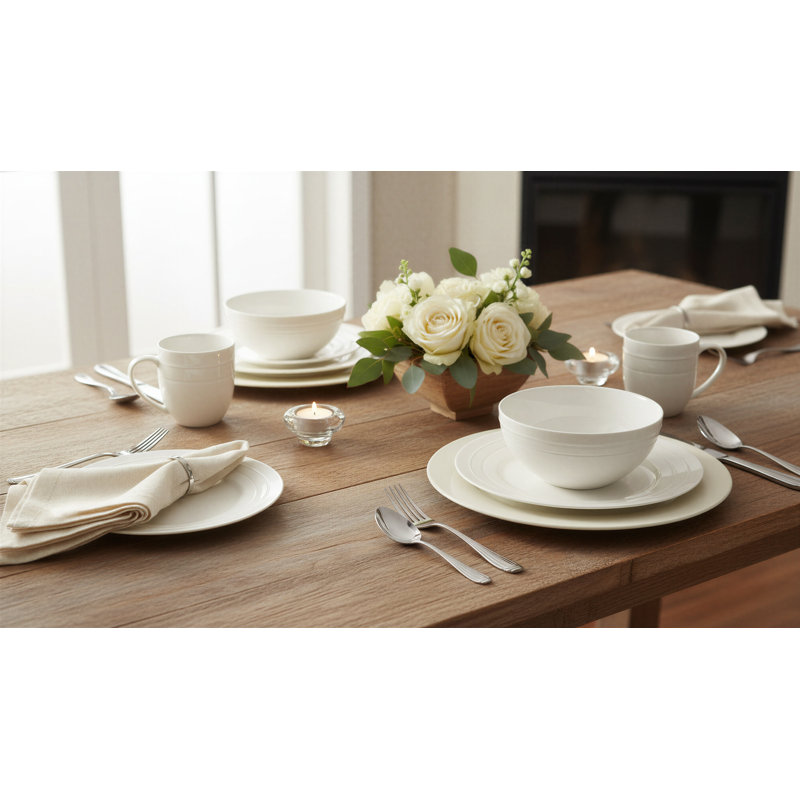 32-Piece Embossed Dinnerware Set-Round Ceramic Dishes-Service for 8