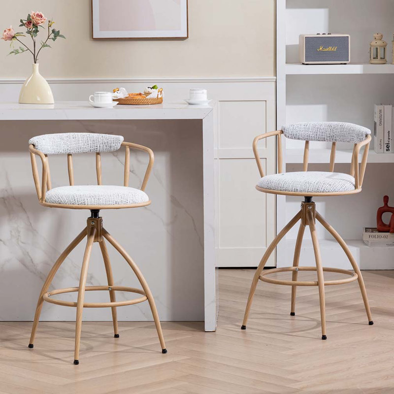 Tabouret de bar pivotant à hauteur de comptoir avec structure en métal, Blanc, Naturel