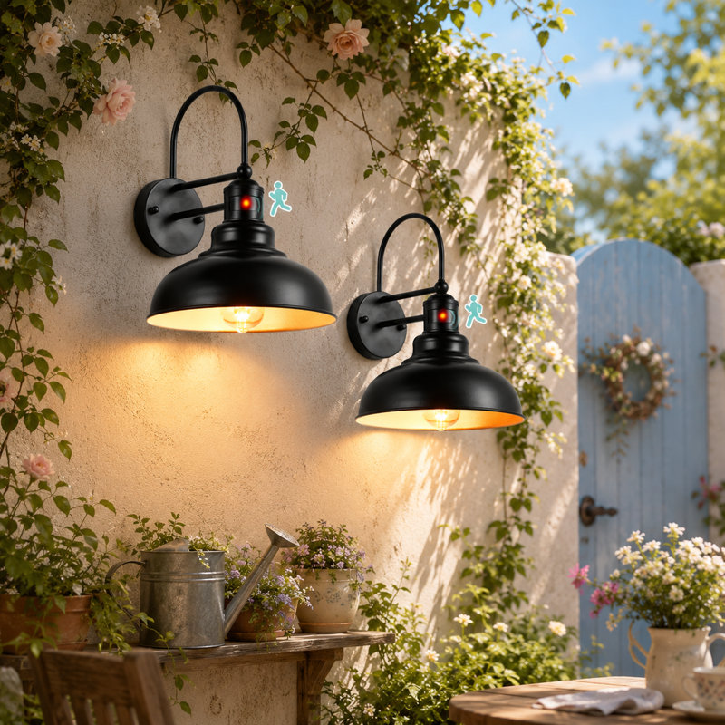2-pack Motion Sensor Farmhouse Outdoor Barn Light, Dusk-to-dawn Sensor Wall Light, Black/Gold