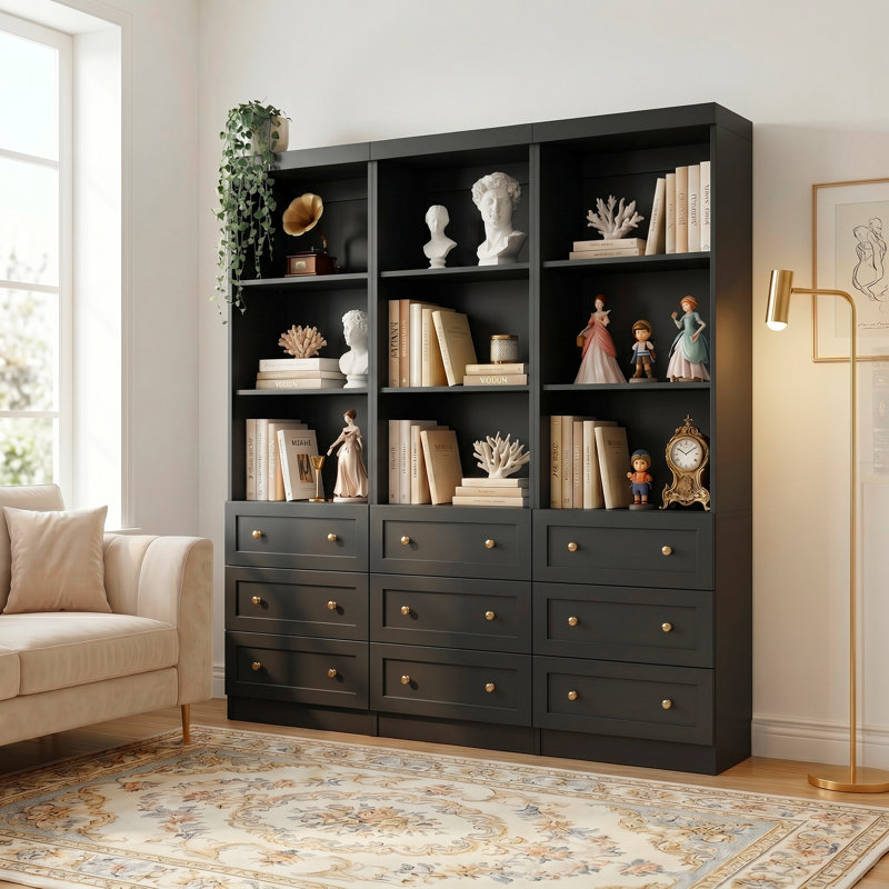 Bibliothèque moderne avec 3 tiroirs et 3 tablettes ouvertes, Black