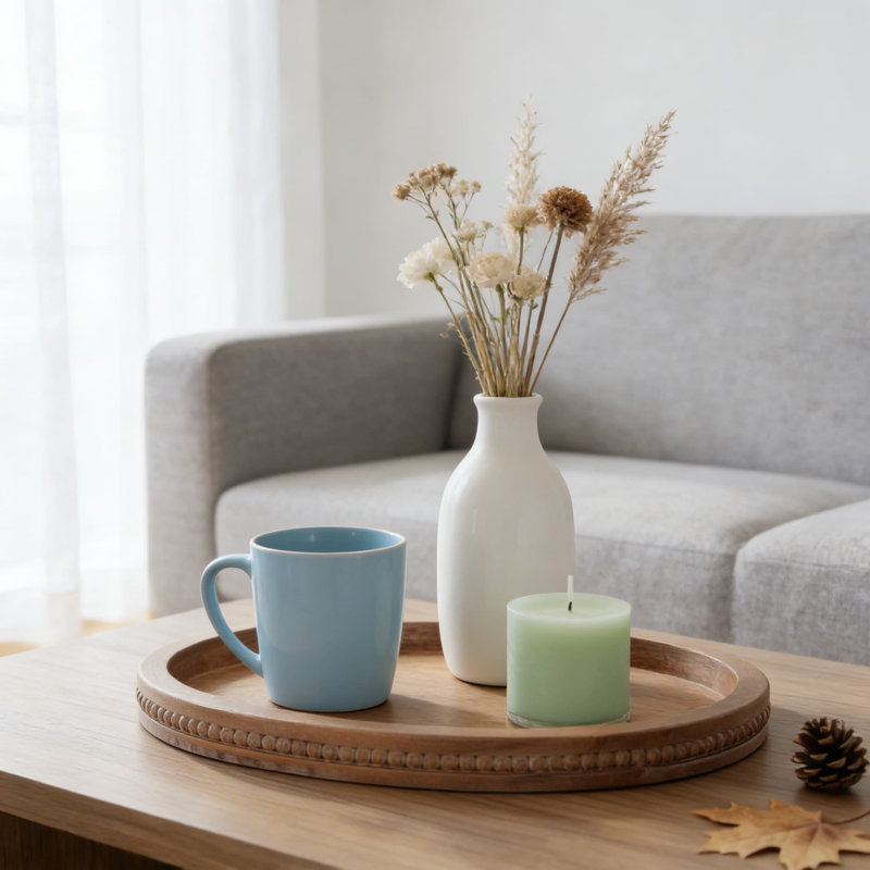 Farmhouse Wood Tray With Bead Garland, 16 Inch Oval Decorative Centerpiece For Coffee Table, Kitchen Island, Entryway Console, And Living Room Decor