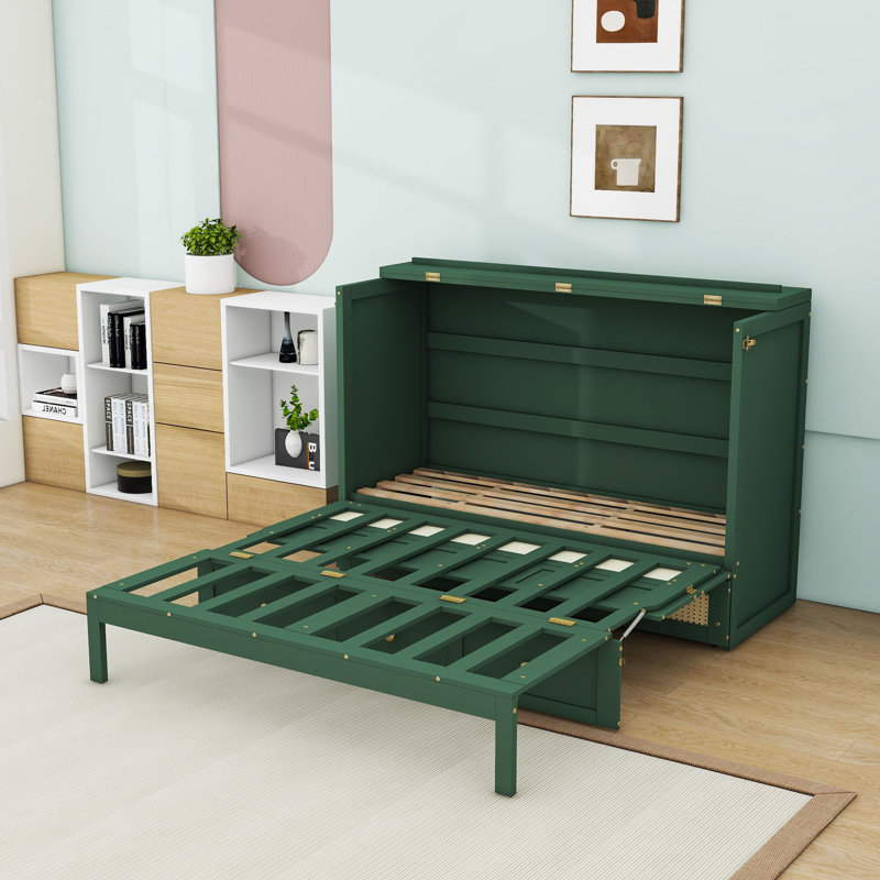 Grand lit escamotable en bois avec tiroirs, Green