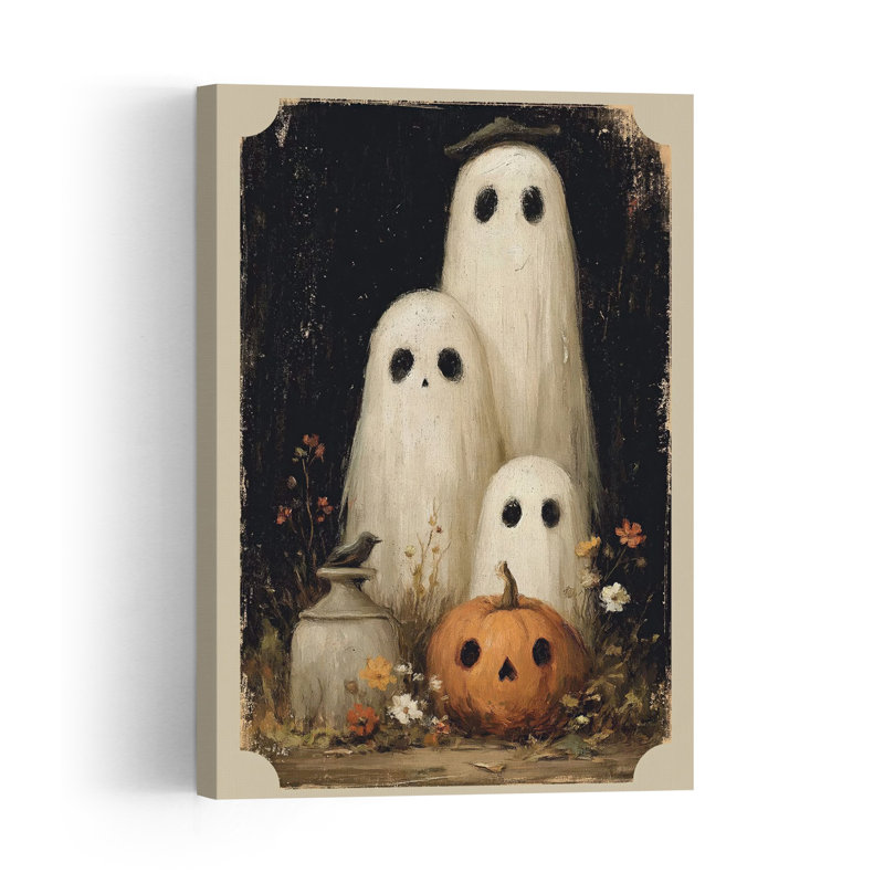 Whimsical Ghost Family Rustic Vintage Whimsical Bird Autumn Flower Wall Art Print 1 Piece Wrapped Canvas Wall Art