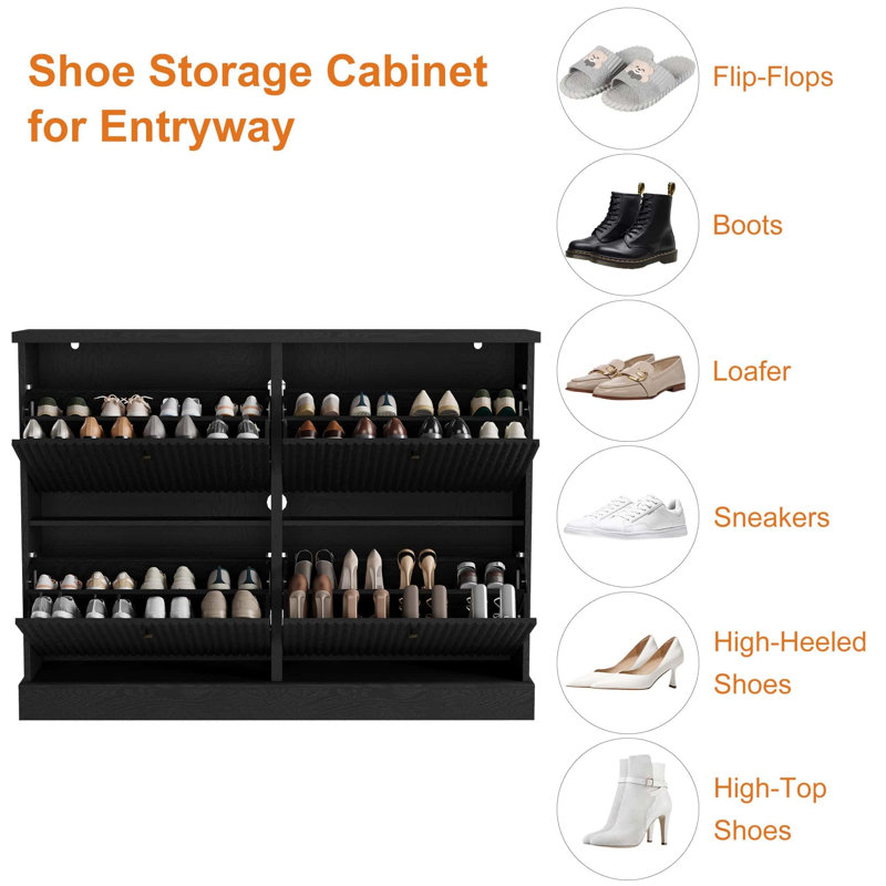 Armoire à chaussures cannelée avec 4 tiroirs rabattables, rangement pour chaussures d'entrée mince avec tablettes réglables