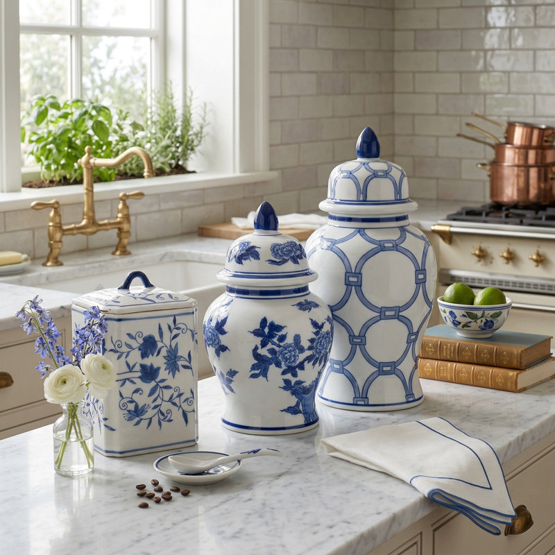 Chinoiserie Ceramic Jar Set of 3 with Lids – Decorative Floral & Geometric Ginger Jar Collection for Tabletop, Shelves & Entryway Styling – Blue & White