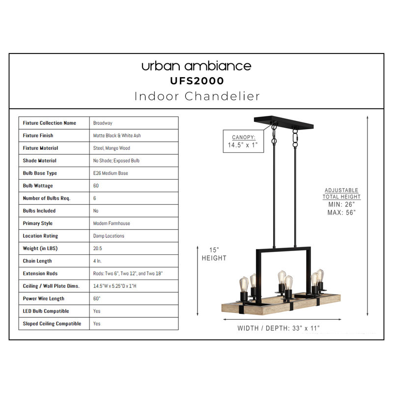 Yasamine Dimmable Square/Rectangle Chandelier, 15" H x 33" W x 11" D, Matte Black/White Ash, 6