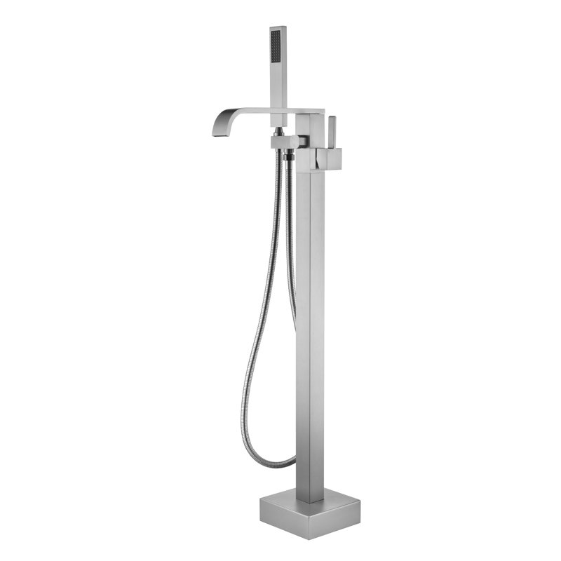 SUMERAIN Contemporary Brushed Nickel Floor Mounted Tub Faucet, Single Handle Freestanding Bathtub Faucet with Handheld Shower, Ceramic Disc Valve