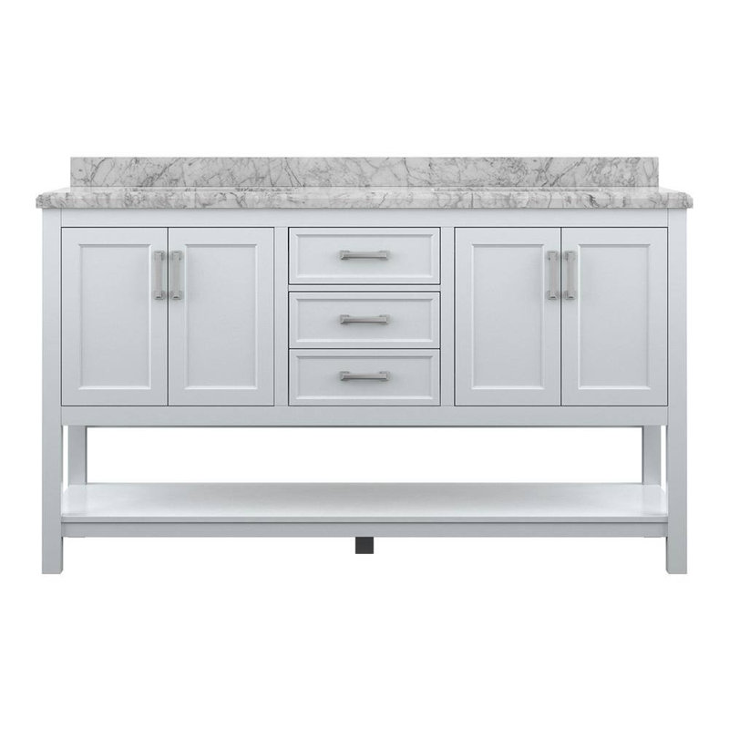 Meuble-lavabo double 61 po avec plateau en marbre de Carrare Keisha, Blanc