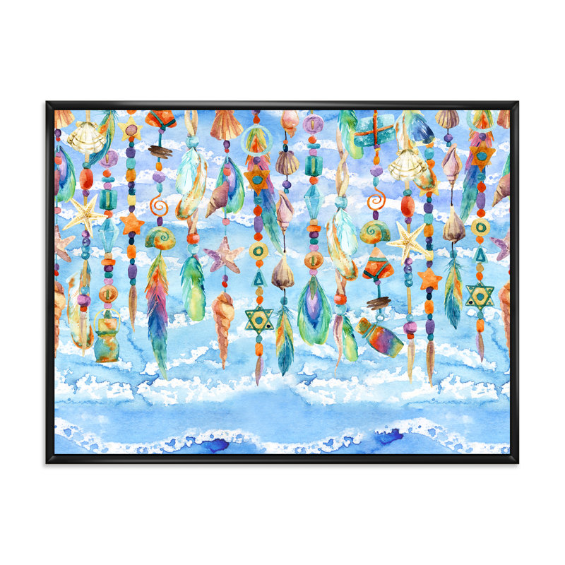 Bijoux de coquillage et de perles - Peinture sur toile, H 16 po x l 32 po x p 1 po, Cadre flottant noir