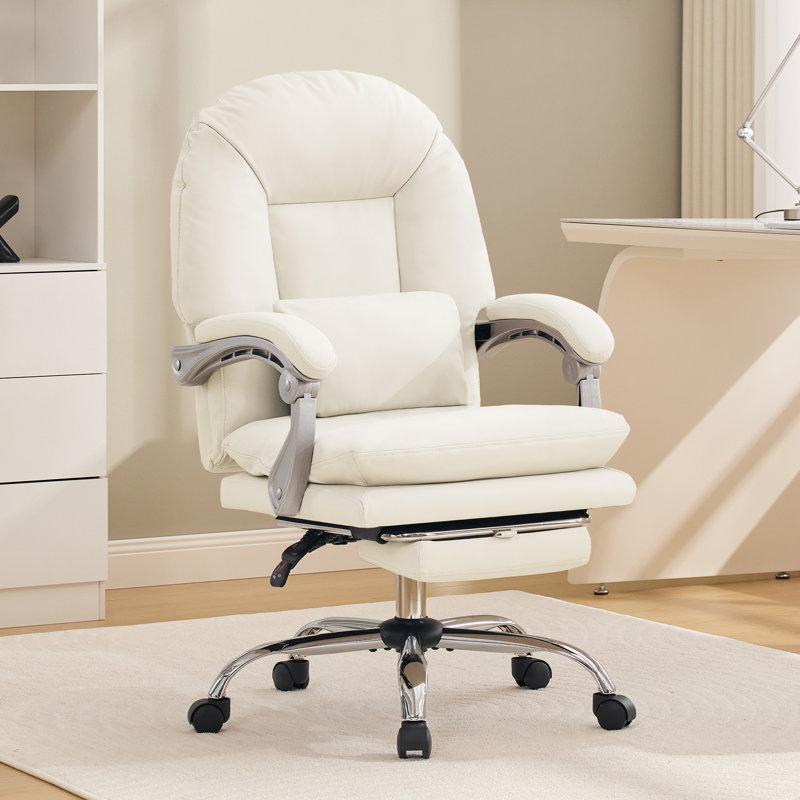 Fauteuil de direction avec repose-pieds, fauteuil de bureau inclinable et pivotant avec support lombaire, Blanc