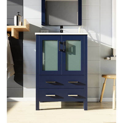 24 In. W Navy Blue Bath Vanity With White Ceramic Top, 22 Mirror, Soft - Closing Gear, One Cabinet And Two Drawers For Storage Scratch Interior Surface X 18.25 D Comes Close System, Sufficient