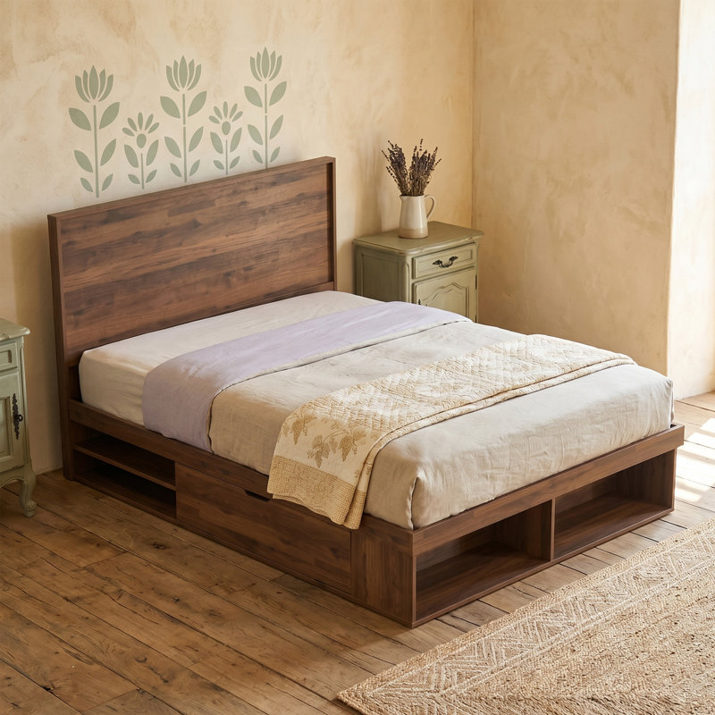 Modern Farmhouse Platform Storage Bed with Concealed Compartments and Open Cubbies, Taupe, Full