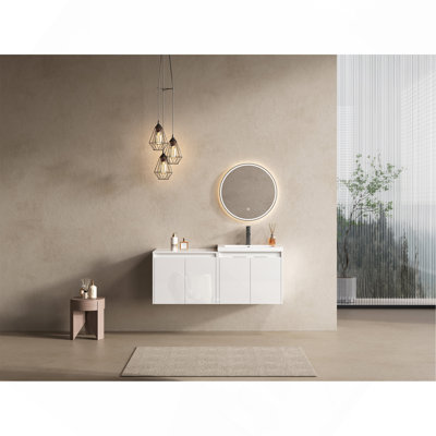 48" Bathroom Vanity With Sink, Soft Close Doors & Wall Cabinet, Float Mounting Design, Glossy White, Plywood(KD-Packing)