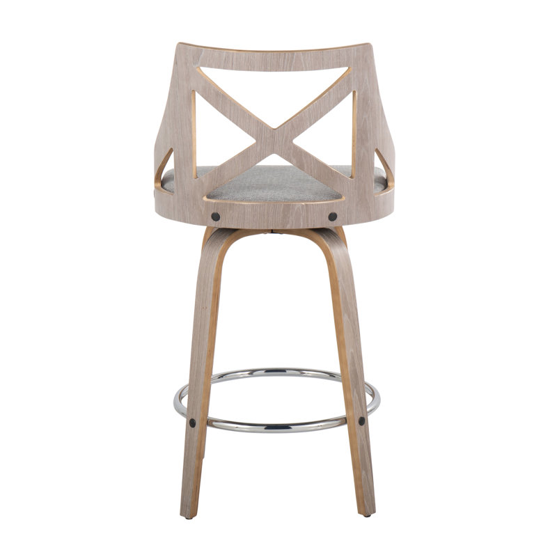 Charlotte Gray Upholstered Swivel Counter Stool with Light Wood and Metal