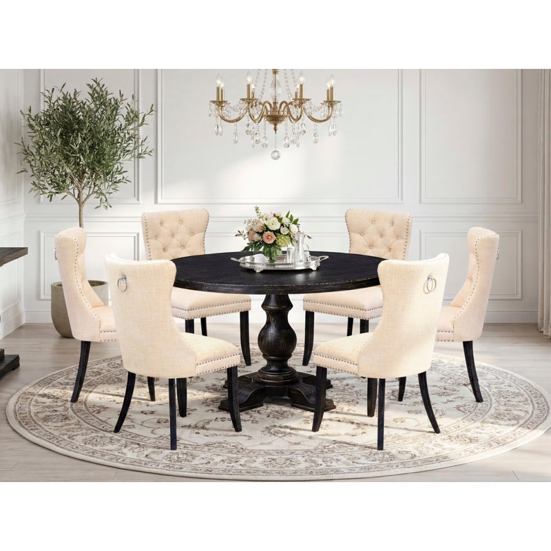 L'ensemble de salle à manger 7 pièces comprend une table moderne et 6 chaises de salle à manger en tissu de polyester beige clair avec dossier capitonné - Noir sablé