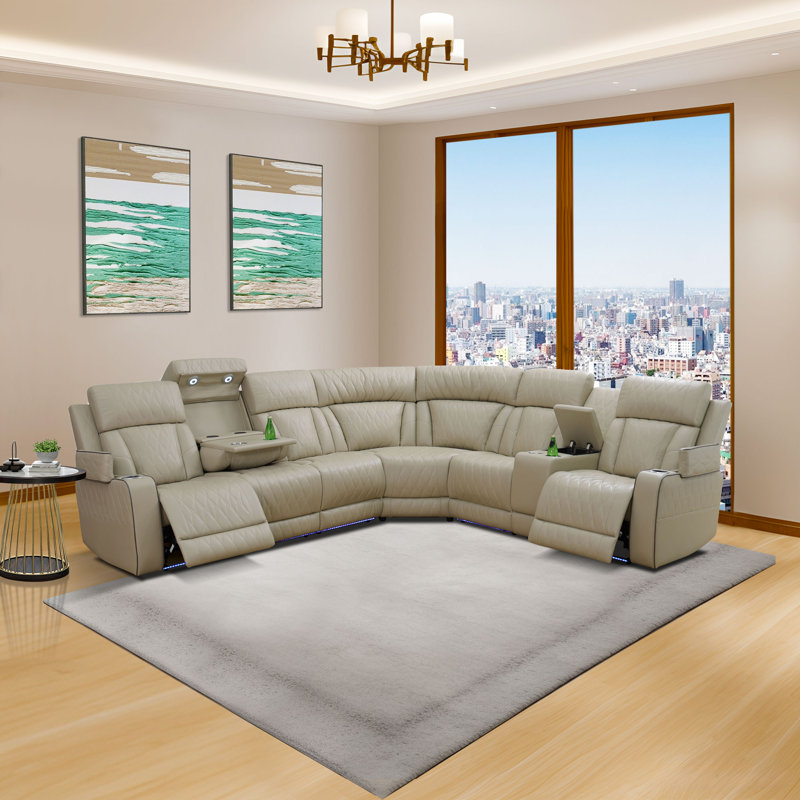 3-Piece Vegan Leather Home Theater Power Reclining Living Room Sectional Sofa Set With Wireless Chargers And LED Lights