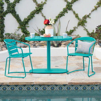 Bistro d'extérieur en bleu sarcelle mat - construction en fer pour le jardin mat, 2 chaises et une ambiance de table ovale