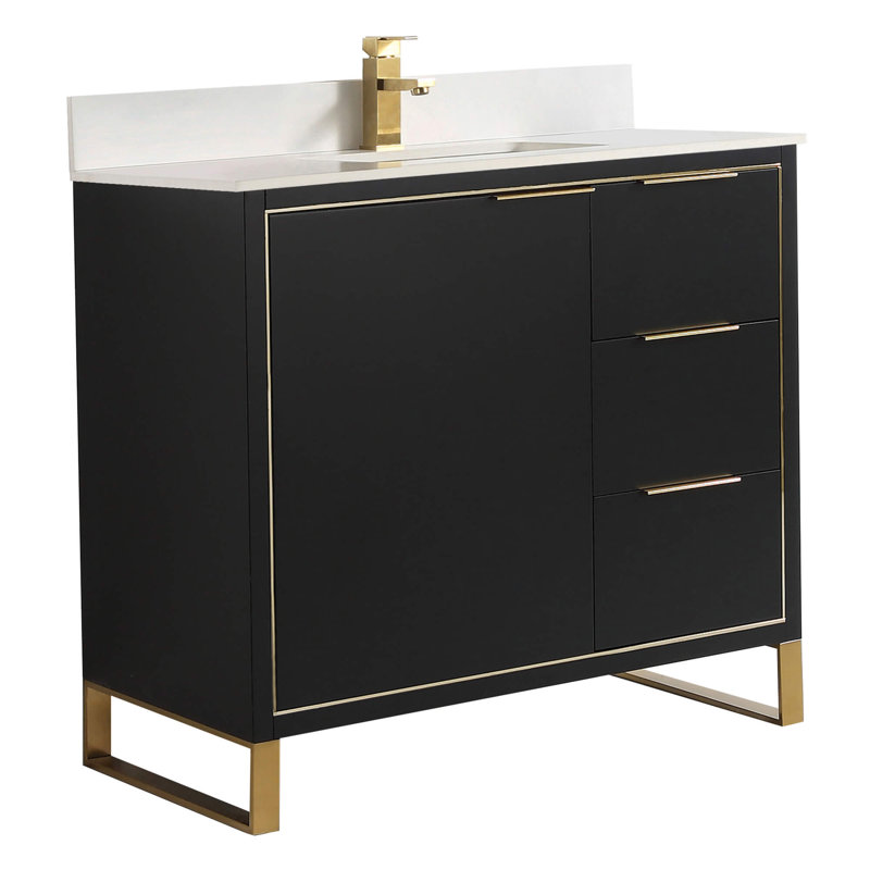 Meuble-lavabo sur pied simple 36 po avec plateau en pierre Geselle, Noir mat, Laiton satiné