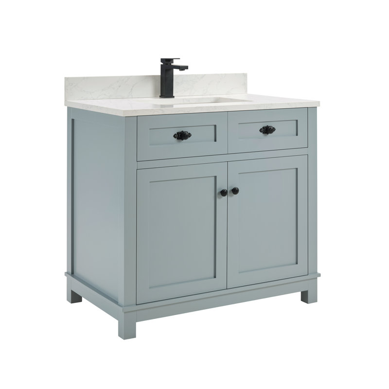 36" Solid Wood Bathroom Vanity with 1" Engineered Marble Top, Single Sink, Black, Cadet