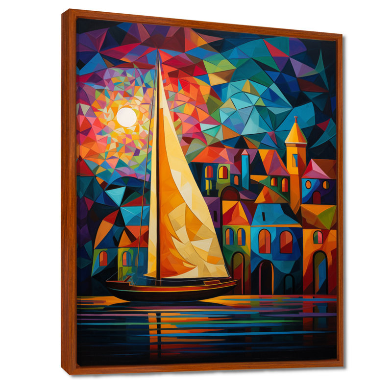 Bateau à voile coloré au port I - impression d'art mural de bateau à voile, H 32 po x l 24 po x P 1 po, Cadre flottant brun