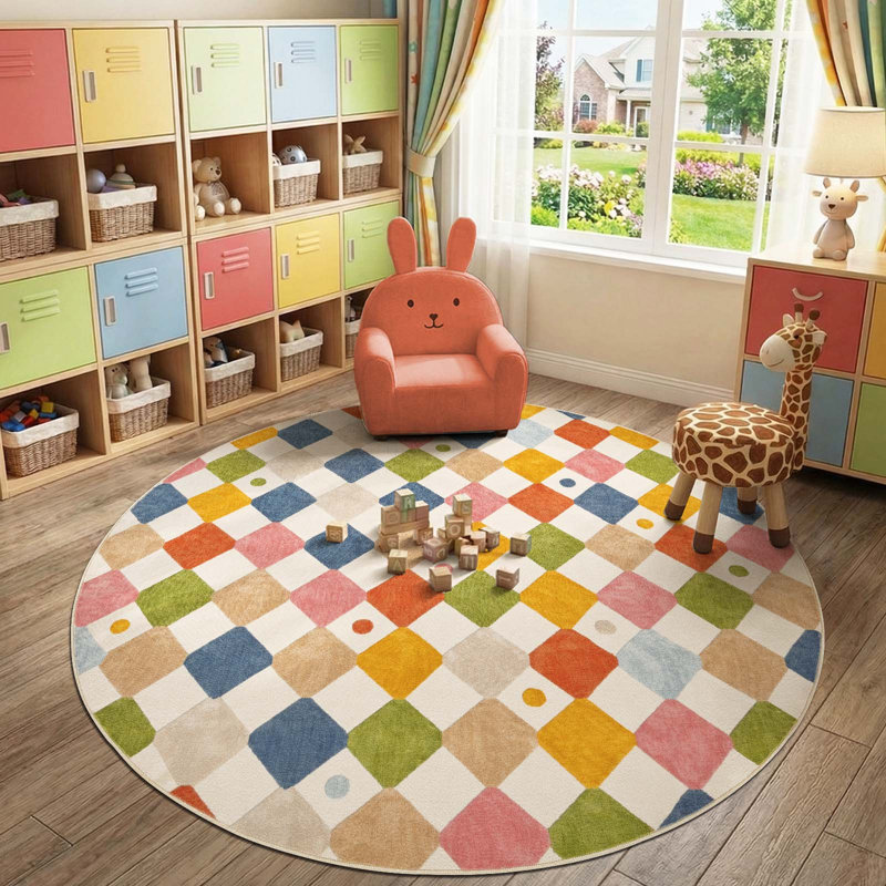 Colorful Diamond for Kids Washable Non-slip Rug, Argyle Circus, Round 7'