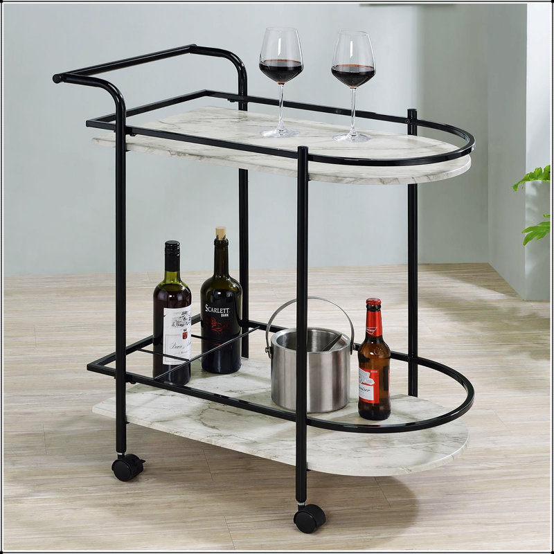 Faux Marble Serving Cart With Wine Rack, Elegant And Functional For Indoor And Outdoor Entertaining