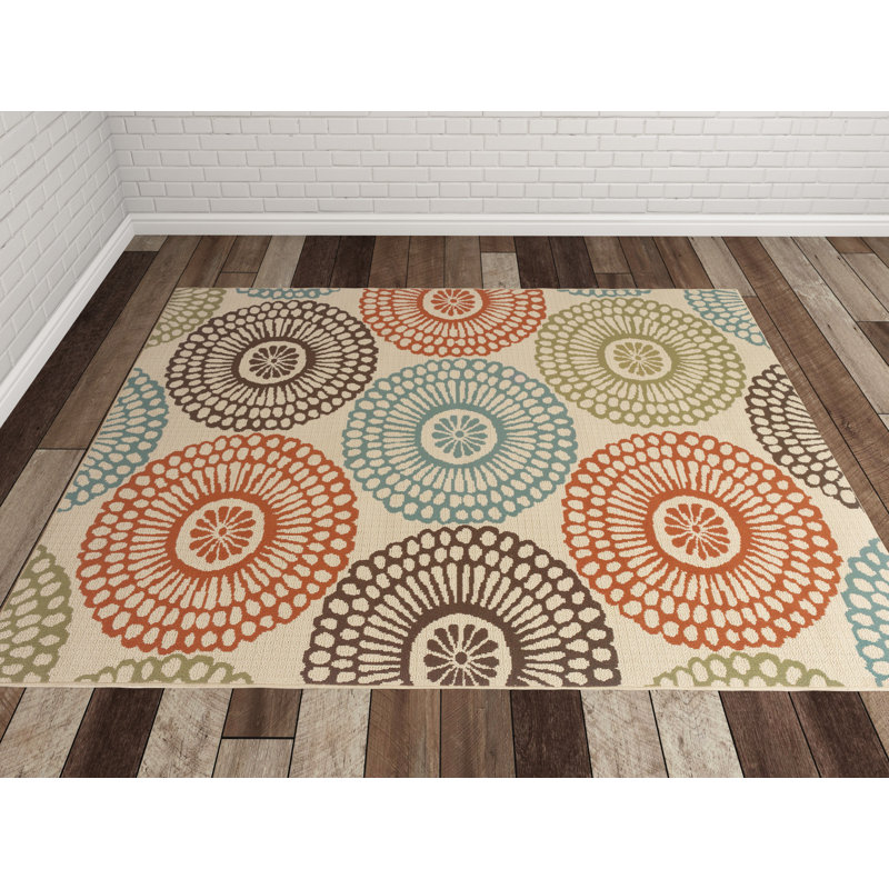 Baringer Beige/ Teal/ Orange Indoor/Outdoor Rug, Rectangle 7'10" x 10'10"