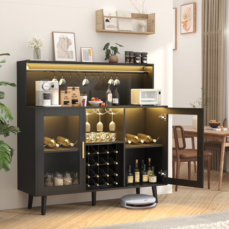 Wine Bar Cabinet With Led Lights, Coffee Bar For Liquor, Alcohol Cabinet W/Glass Rack And Removable Wine Racks, Home Bar Buffet Cabinet W/Storage For Living Room Dining Room Kitchen, Black