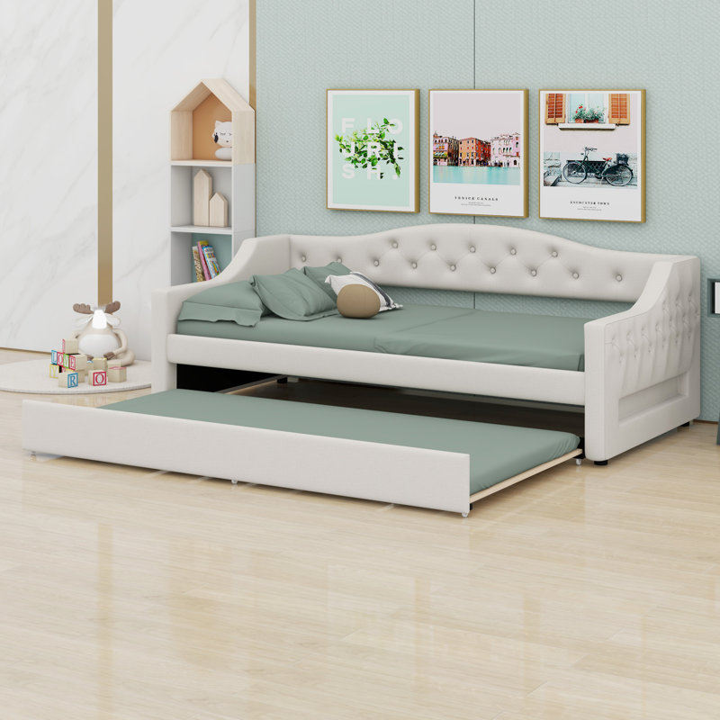 Upholstered Daybed With LED Belt And Trundle, Beige