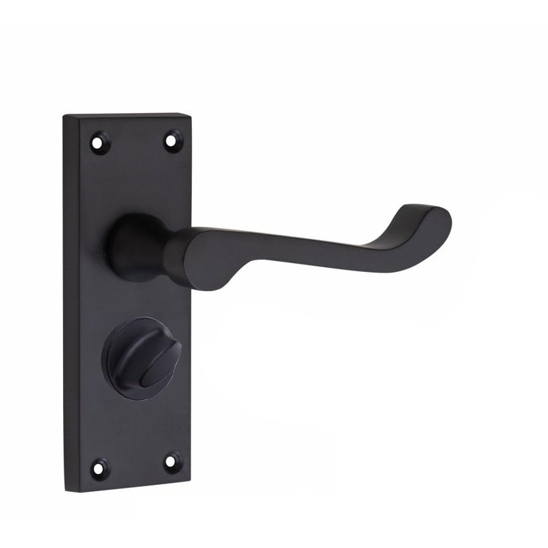  Victorian Scroll Privacy Door Handle in Matt Black Finish with 3" Ball Bearing Hinges & 2.5" Tubular Latch - 120mm x 40mm Backplate