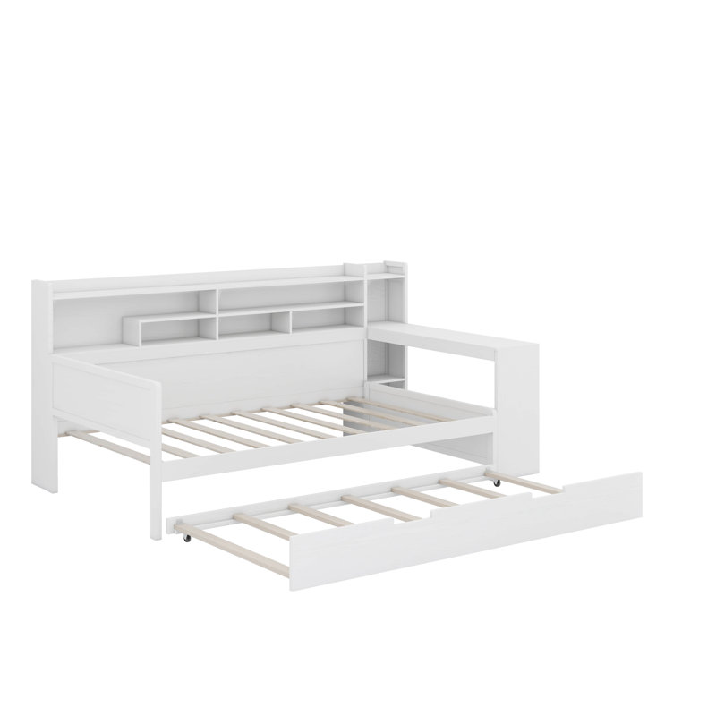 Lit de jour en bois pour lit simple avec tablettes de rangement, lit polyvalent avec lit gigogne simple et bureau d'étude intégré