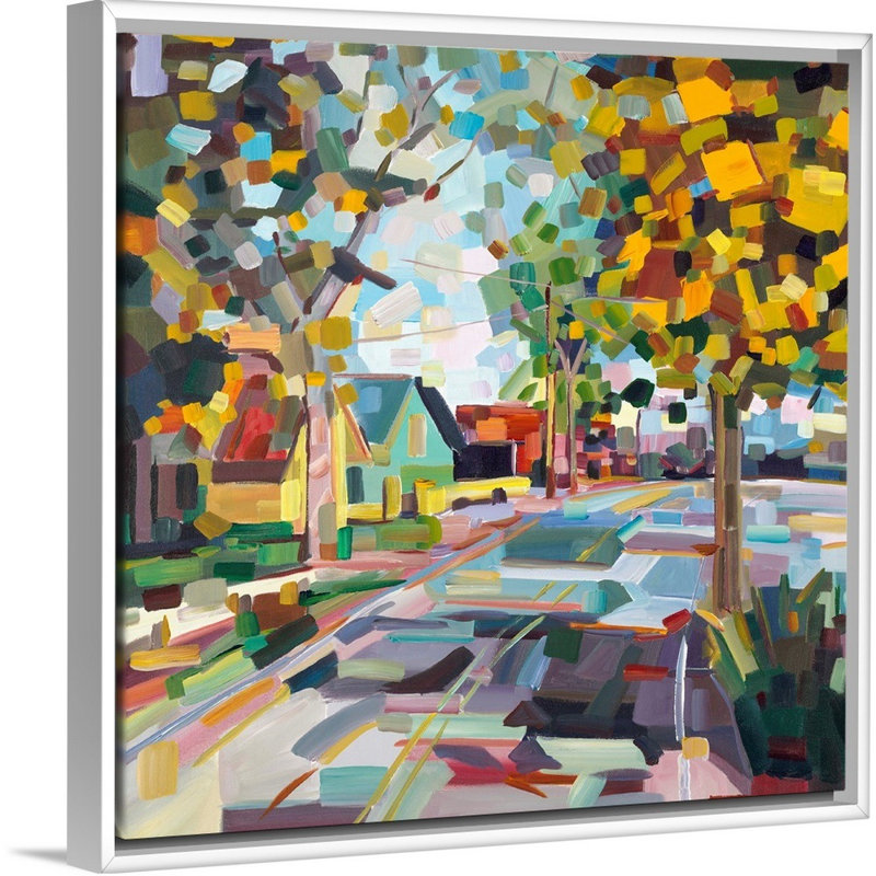 « Fall Neighborhood » par Brooke Borcherding, reproduction d’art sur toile, Cadre flottant blanc, H 14 po x l 14 po x 1,75 po