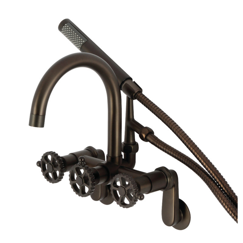 Kingston Brass Fuller Three-Handle 2-Hole Tub Wall Mount Clawfoot Tub Faucet with Hand Shower, Dark Brown