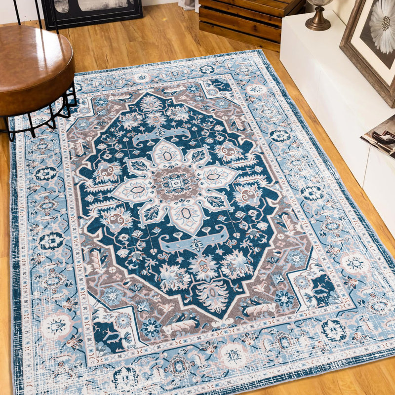 Vintage Area Rug 8x10, Non-slip Washable For Home Decor, Blue Flower Design, Retro Style 8x10 Large Rug, Decoration, Bedroom, Pattern,