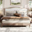 Grand lit plateforme avec tête de lit tapissier, structure grise et tissu blanc