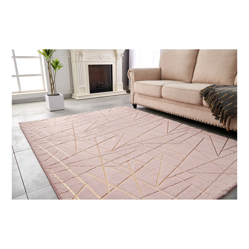 Tapis doré luxueux à motif géométrique rose poudré lavable à la machine Luxury, Rectangulaire 2 pi x 3 pi