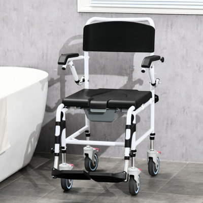 Fauteuil roulant de douche à roulettes avec siège rembourré, siège de 17 po de largeur, noir, imperméable, seau amovible pour fauteuil roulant pour personnes à mobilité réduite, personne âgée rectangulaire