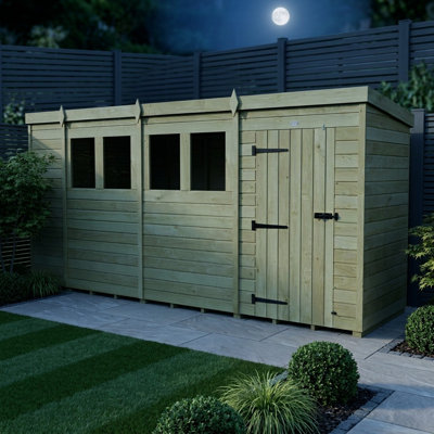 Total Sheds 15ft x 4ft Pent Garden Shed - Single Door - With Windows - Pressure Treated Timber - UK Manufactured