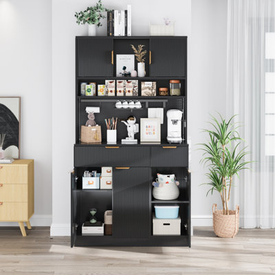 Armoire de garde-manger pour le salon, huche de support à micro-ondes cannelée en bois de 73 po avec rangement, station de charge et panneau perforé, noir