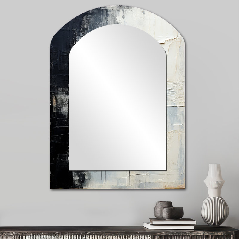 Minimalisme noir et blanc peint en coin II - miroir unique côtier asymétrique, grand miroir mural arqué blanc, impression d'art en métal