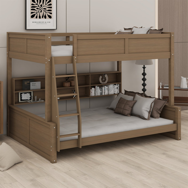 Lit superposé avec armoires de rangement et ports USB, Couleur de bois antique