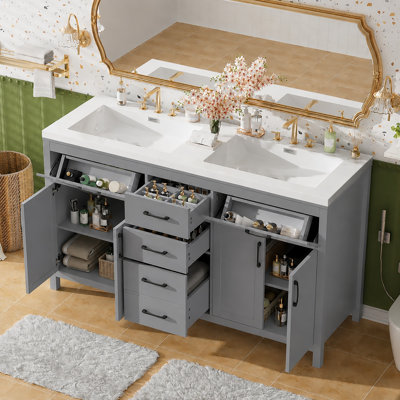 Meuble-lavabo moderne de 59,3 po avec structure en bois massif, double lavabo en SMC, charnières et glissières cachées, 4 portes, 3 tiroirs, 2 tiroirs rabattables, tablette en U