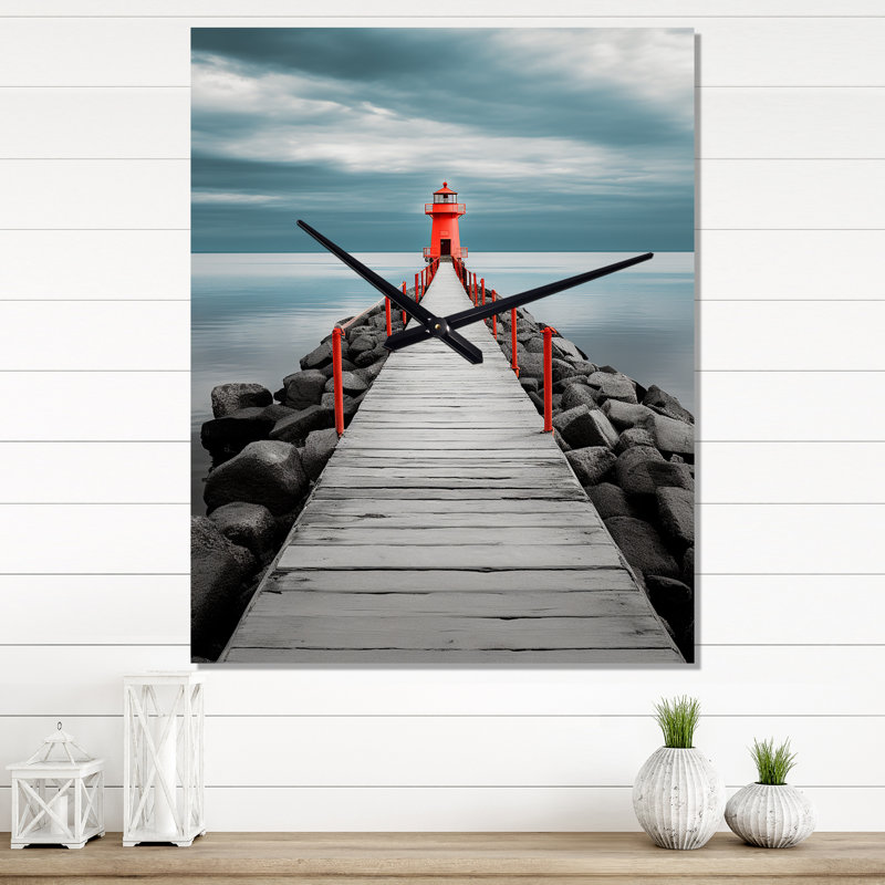 Red And Grey Pier II - Nautical & Beach Wall Clock Oversized, 32" H x 16" W x 1" D