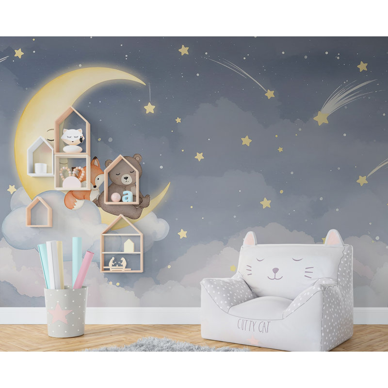 Bear and Fox On Moon, L 145 po x l 100 po, Peler et coller
