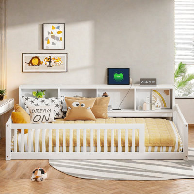Wood Floor Bed With Built-in Storage Cabinets And Usb Ports
