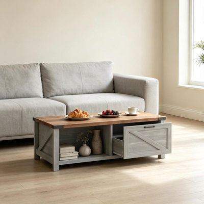 Table centrale fonctionnelle, table basse multi-rangement avec tiroir et tablettes ouvertes, table de canapé