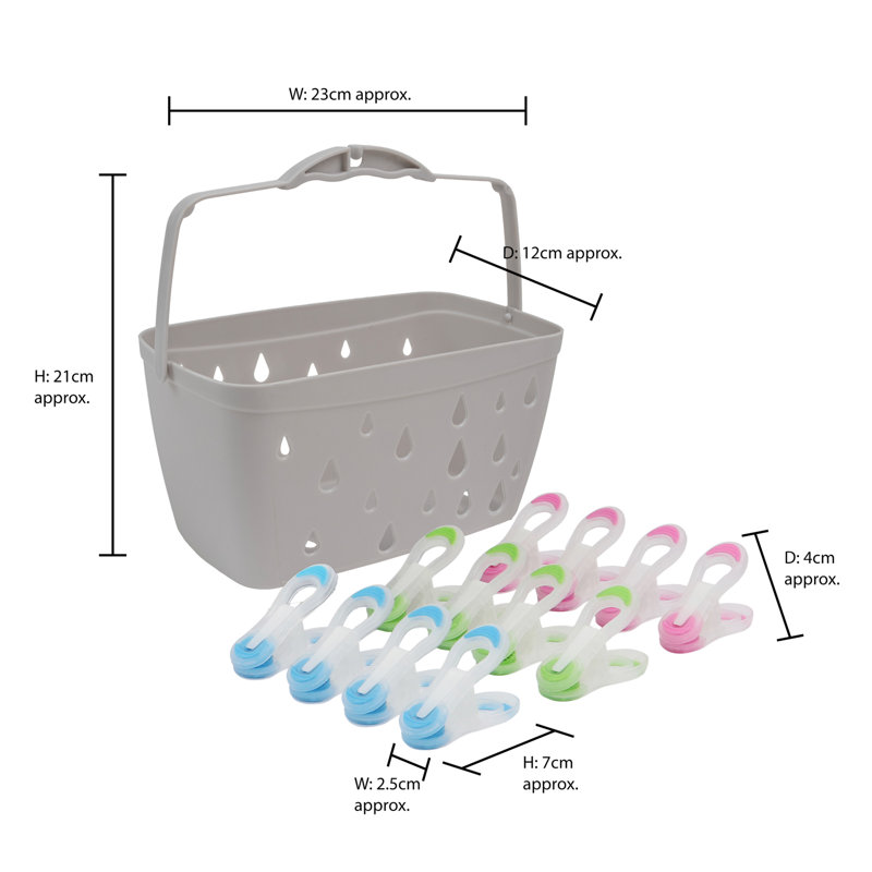  Plastic Peg Basket, Grey with 36 Prism Soft Touch Mini Plastic Pegs, Multi