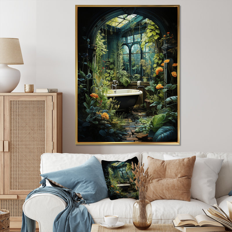 «Kyriel Bathroom Botanical Retreat I», reproduction sur toile encadrée, Cadre flottant doré, H 44 po x l 34 po x P 1,5 po