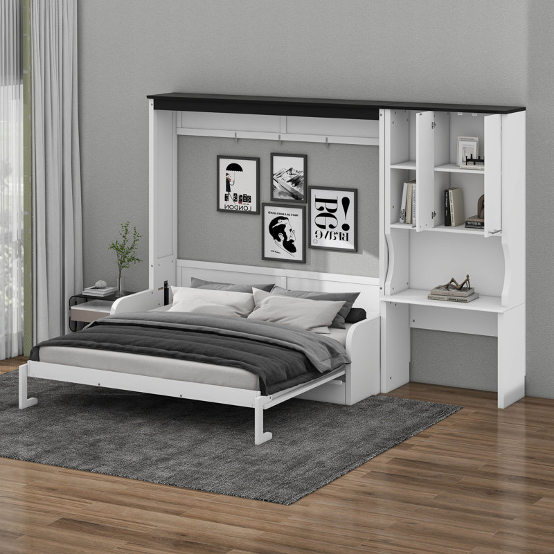 Lit escamotable multifonctionnel avec canapé, bureau et armoire de rangement, Grand
